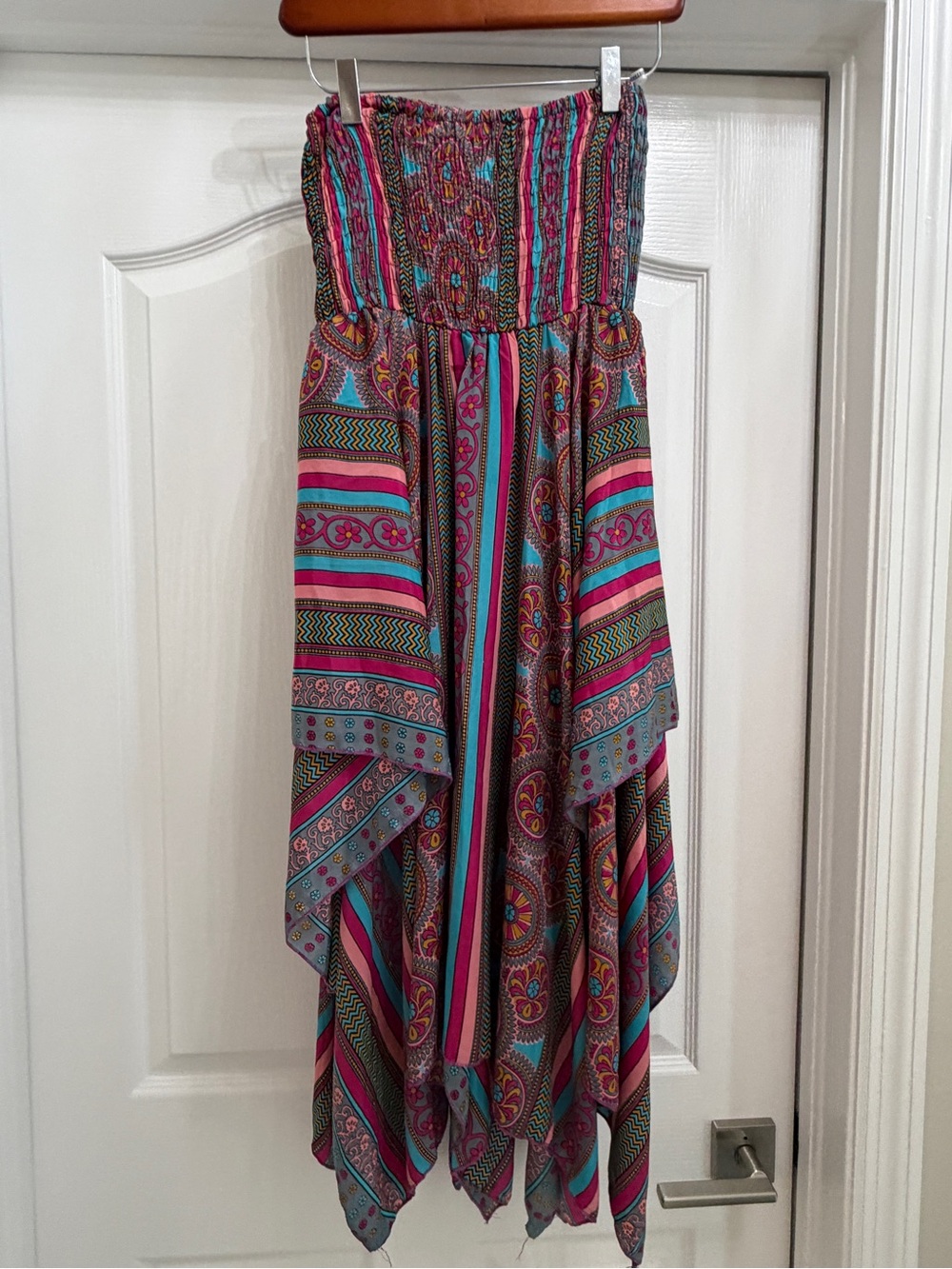India Boutique Strapless Handkerchief Hem Dress in Pink & Teal